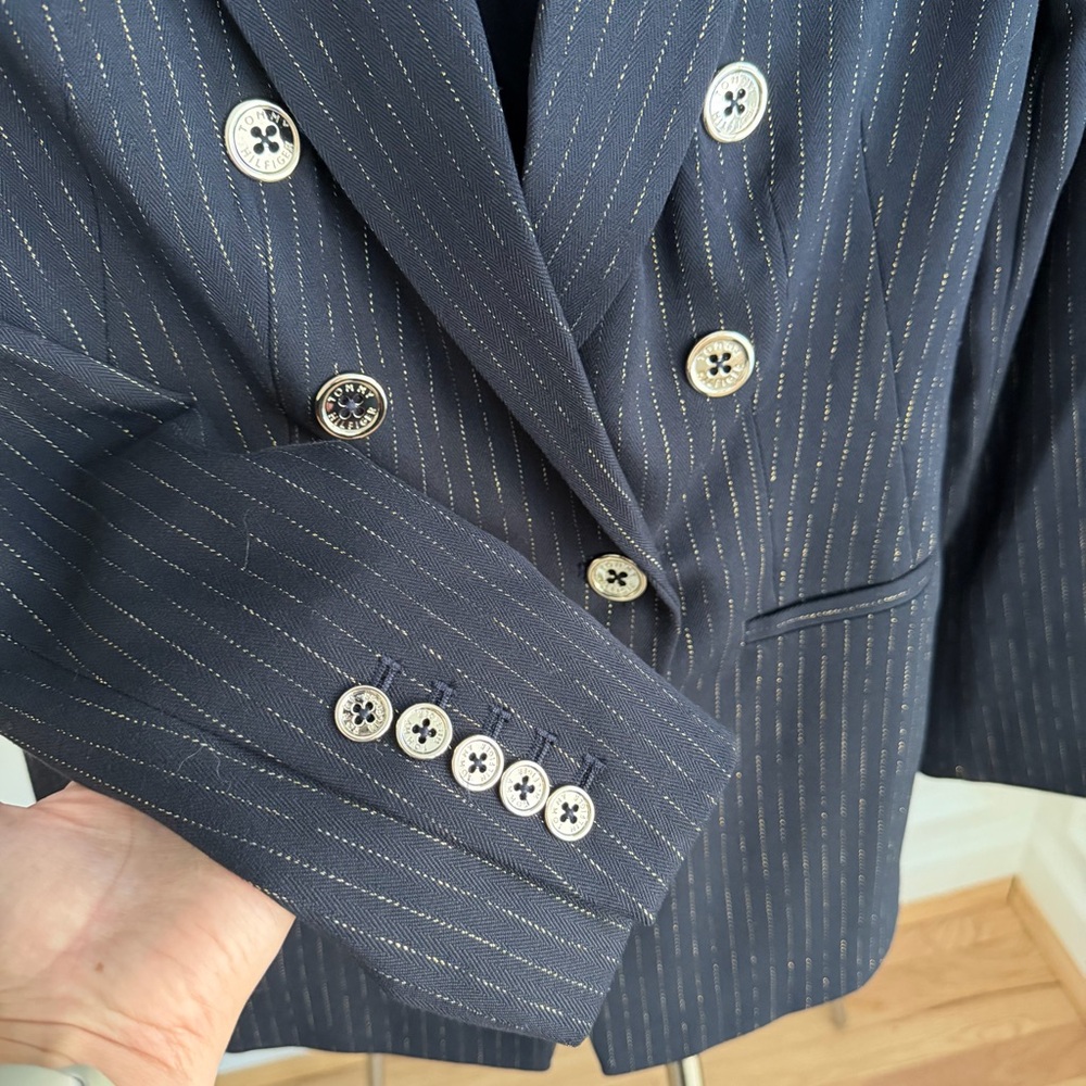 NWOT Tommy Hilfiger Navy Metallic Gold Pinstripe Double-Breasted Blazer Size 4 - Picture 6 of 10